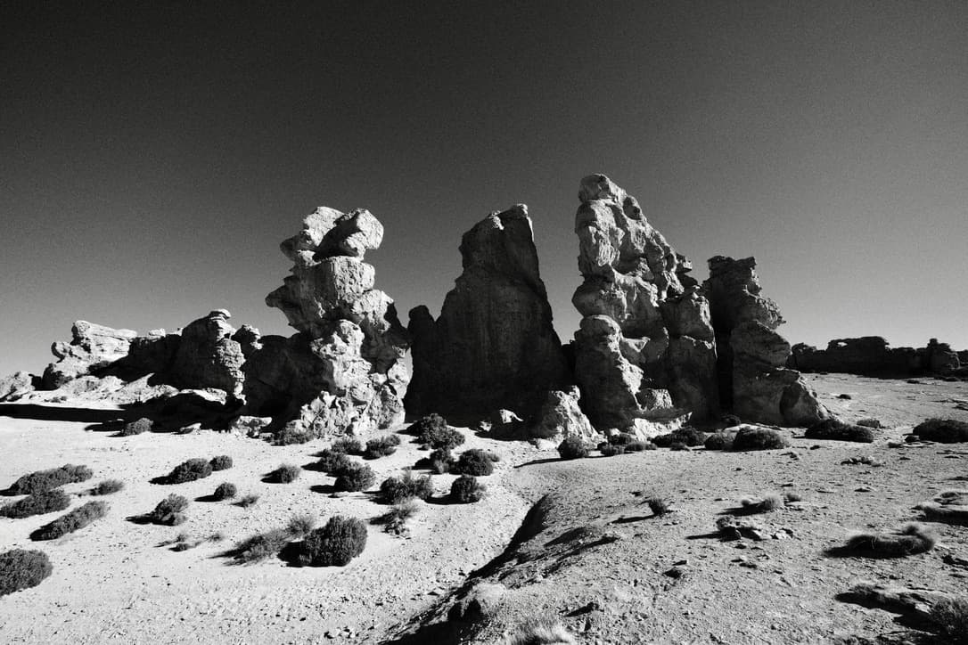 rock formations on sand, in black and white