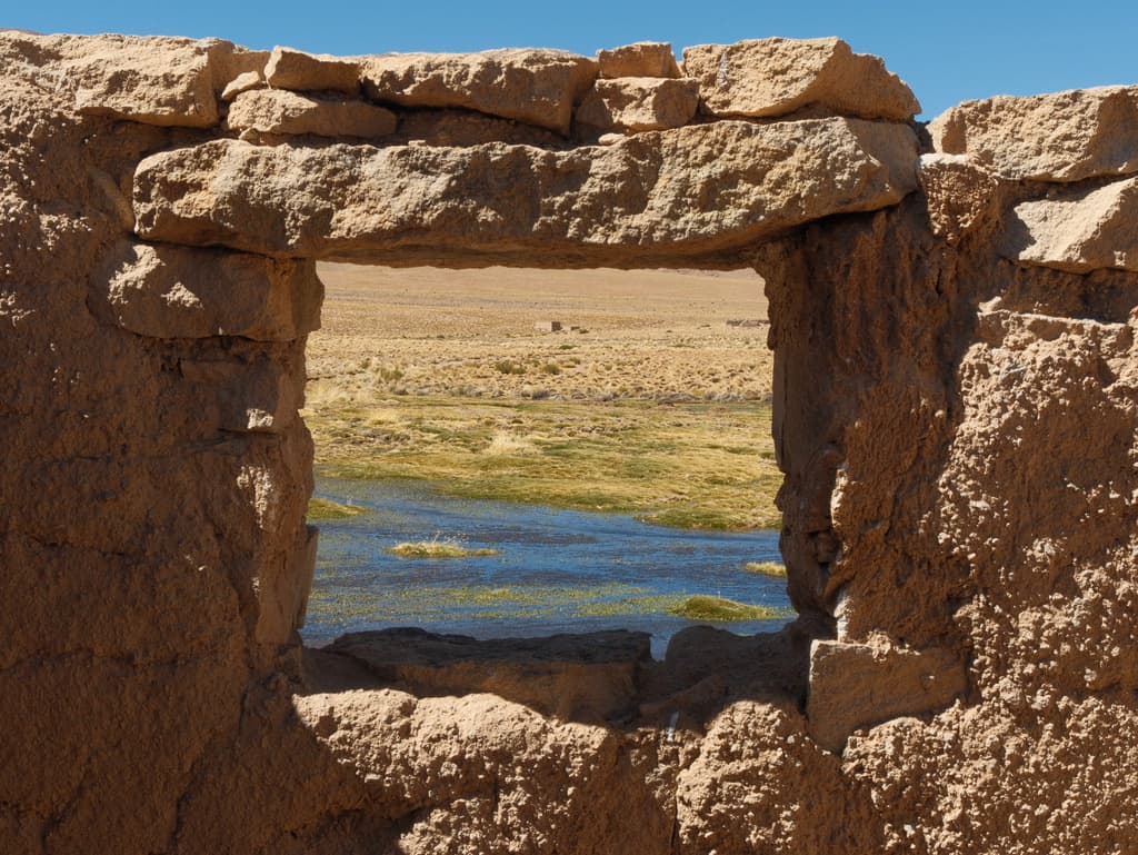 a window in a stone wall looks out over a wetland and the plain