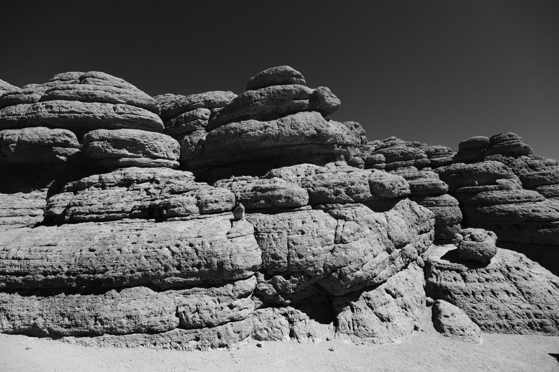 layered, eroded rocks in black and white