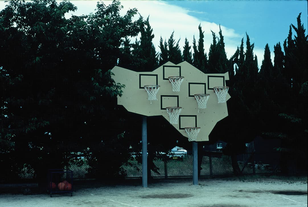 a cut-out backboard with several basketball hoops, in front of a row of cypresses